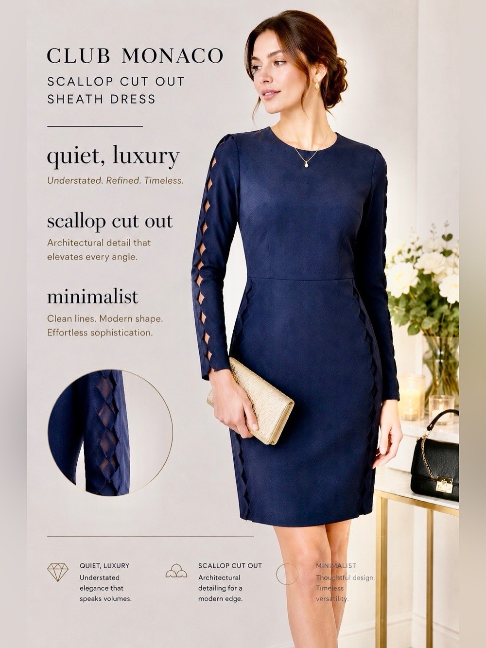 Club Monaco Navy Scallop Cutout Sheath Dress Long Sleeve Size 4 Work Wedding